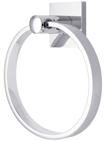 Modern Brass Towel Ring With Square Rosette in Polished Chrome.